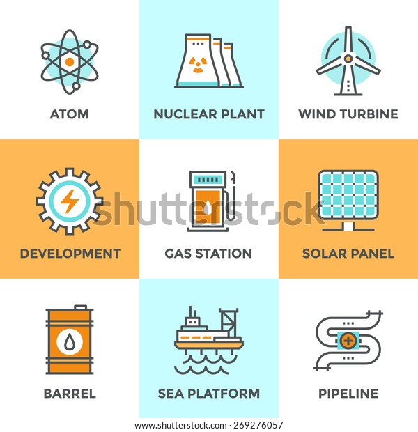 世界のエネルギー開発 原子力発電所 風力タービン 石油樽 ソーラーパネル パイプライン輸送の平面的なデザインエレメントを持つラインアイコンセット 現代のベクター画像ロゴピクトグラムコレクションコンセプト のベクター画像素材 ロイヤリティフリー 269276057