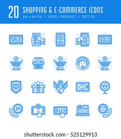 Line icons set. Flat thin linear stroke vector Shopping concepts. For website graphics, Mobile Apps, Infographics. Pictogram pack. Easy resize to 128, 256, 512 pixels, easy edit colors.