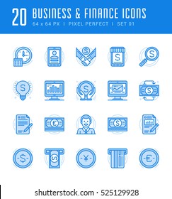 Line icons set. Flat thin linear stroke vector Business and Finance concepts. For website graphics, Mobile Apps, Infographics. Pictogram pack. Easy resize to 128, 256, 512 pixels, easy edit colors.