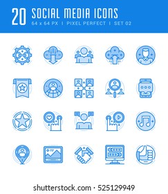Line icons set. Flat thin linear stroke vector Social Media concepts. For website graphics, Mobile Apps, Infographics. Pictogram pack. Easy resize to 128, 256, 512 pixels, easy edit colors.
