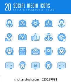 Line icons set. Flat thin linear stroke vector Social Media concepts. For website graphics, Mobile Apps, Infographics. Pictogram pack. Easy resize to 128, 256, 512 pixels, easy edit colors.