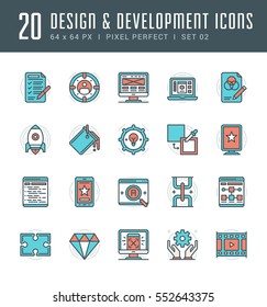 Line icons set. Flat thin linear stroke vector Design and Development concepts. For website graphics, Mobile Apps, Infographics. Pictogram pack. Easy resize to 128, 256, 512 pixels, easy edit colors.