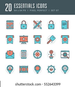 Line icons set. Flat thin linear stroke vector Essentials objects concepts. For website graphics, Mobile Apps, Infographics. Pictogram pack. Easy resize to 128, 256, 512 pixels, easy edit colors.