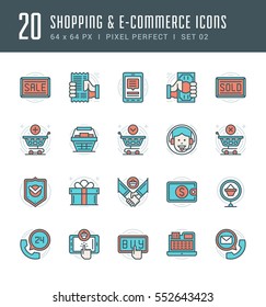 Line icons set. Flat thin linear stroke vector Shopping concepts. For website graphics, Mobile Apps, Infographics. Pictogram pack. Easy resize to 128, 256, 512 pixels, easy edit colors.