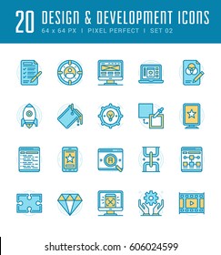 Line icons set. Flat thin linear stroke vector Design and Development concepts. For website graphics, Mobile Apps, Infographics. Pictogram pack. Easy resize to 128, 256, 512 pixels, easy edit colors.
