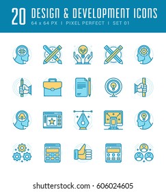 Line icons set. Flat thin linear stroke vector Design and Development concepts. For website graphics, Mobile Apps, Infographics. Pictogram pack. Easy resize to 128, 256, 512 pixels, easy edit colors.