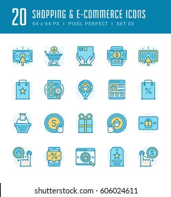 Line icons set. Flat thin linear stroke vector Shopping concepts. For website graphics, Mobile Apps, Infographics. Pictogram pack. Easy resize to 128, 256, 512 pixels, easy edit colors.