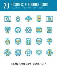 Line icons set. Flat thin linear stroke vector Business and Finance concepts. For website graphics, Mobile Apps, Infographics. Pictogram pack. Easy resize to 128, 256, 512 pixels, easy edit colors.