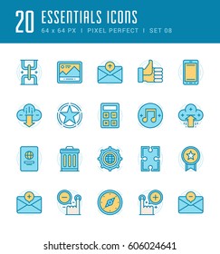 Line icons set. Flat thin linear stroke vector Essentials objects concepts. For website graphics, Mobile Apps, Infographics. Pictogram pack. Easy resize to 128, 256, 512 pixels, easy edit colors.