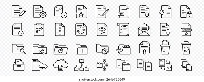 Line Icons Set for folder management, Document, PDF File, Folder Organization, Digital Management, file sharing, editing, encryption, data synchronization, privacy, PDF, favorite tags, directory