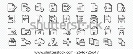 Line Icons Set for folder management, Document, PDF File, Folder Organization, Digital Management, file sharing, editing, encryption, data synchronization, privacy, PDF, favorite tags, directory