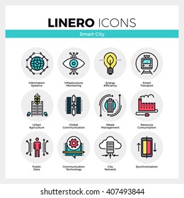 Line icons set of future smart city infrastructure system. Modern color flat design linear pictogram collection. Outline vector concept of mono stroke symbol pack Premium quality web graphics material