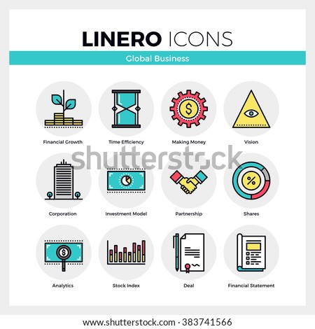 Line icons set of global business, partnership corporation. Modern color flat design linear pictogram collection. Outline vector concept of stroke symbol pack. Premium quality web graphics material.