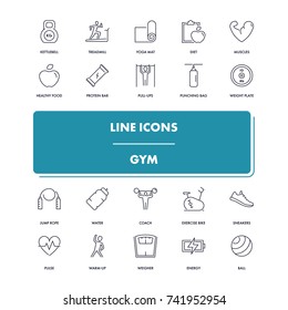 Line icons set. Gym pack. Vector illustration for activity life, health care and sport.