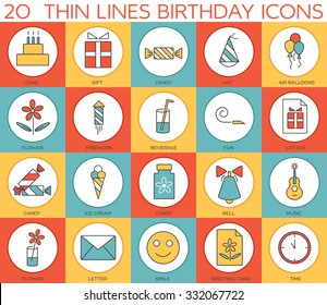 Line icons set of  happy birthday collection concept. Modern vector pictogram with flat design elements design. 