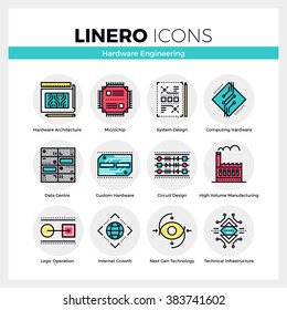 Line icons set of hardware engineering technology production. Modern color flat design linear pictogram collection. Outline vector concept of stroke symbol pack. Premium quality web graphics material.