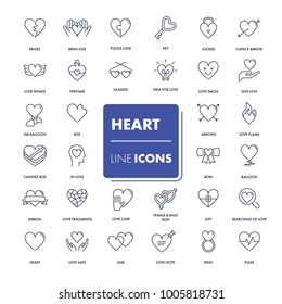 Line icons set.  Heart pack. Vector illustration with romantic symbols for love style works