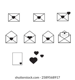  line icons set with heart. Symbol collection, linear icon email, mailbox, mailing, postcard, mail send message