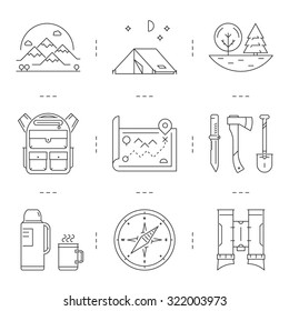 Line icons set of hiking, camping and tourism. Vector linear mountain, tent, tree, backpack, map, knife, axe, shovel, thermos, cup, compass and binoculars.