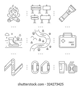 Line icons set of hiking, camping and tourism. Vector linear fire, sign, flashlight, boots, river, first aid kit, pocket knife, mug and thermoss