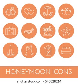 Line icons set honeymoon and romantic date theme. Elements of love for greeting card in vector illustration.
