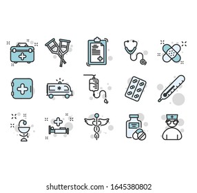 Line icons set of hospital and medical care.Contains such Icons as Gel, Inhaler, Prescription.Editable Stroke. 