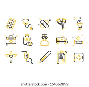 Line icons set of hospital and medical care. sign and symbols in flat design medicine. Contains such Icons as Gel, Inhaler, Prescription, Syrup and more. Editable Stroke. 