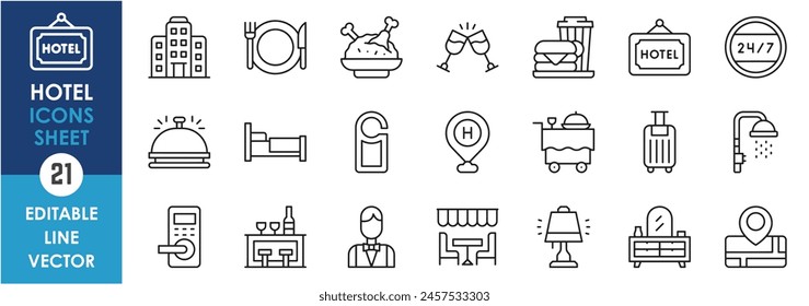 Conjunto de iconos de línea del hotel. Colección de iconos de hoteles y viajes. Estilo del esquema que incluye el cartel del hotel, la comida, la ducha, el mapa, el viaje y así sucesivamente.