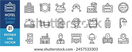 Line icons set of hotel. Hotel and travel icons collection. Outline style including hotel sign, food, shower, map, travel and so on.