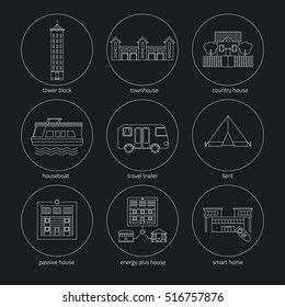 Line icons set of houses. Different types of homes: smart home, passive house, energy plus house, tent, country house, townhouse, tower block, travel trailer, houseboat. White icon on black background