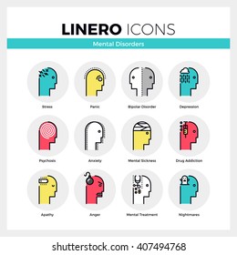 Line icons set of human mental disorders, personal emotions. Modern color flat design pictogram collection. Outline vector concept of mono stroke symbol pack. Premium quality web graphics material.