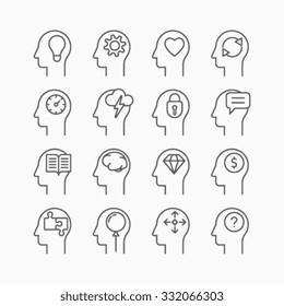 Line icons set of human mind process, people thinking, brain, mental health. 