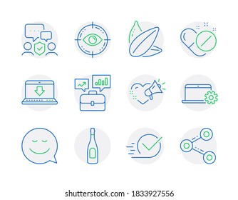 Line icons set. Included icon as Sunflower seed, Medical pills, Internet downloading signs. Smile, Notebook service, Checkbox symbols. Security agency, Business portfolio, Eye target. Vector