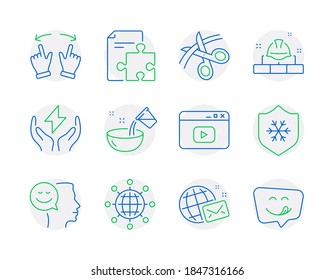 Line icons set. Included icon as Scissors, Strategy, Construction bricks signs. Video content, Safe energy, Clean skin symbols. International globe, Good mood, Move gesture. Cooking water. Vector