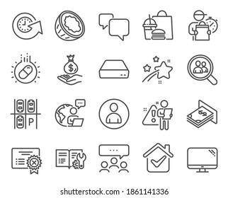 Line icons set. Included icon as Coconut, Atm money, Capsule pill signs. Avatar, Parking place, Mini pc symbols. Reject certificate, Engineering documentation, Computer. Speech bubble. Vector