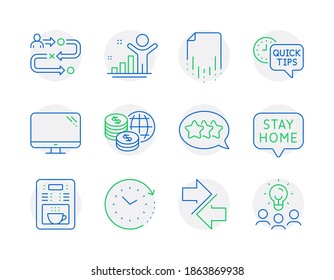 Line Icons Set. Included Icon As Recovery File, Quick Tips, Stay Home Signs. Stars, Winner, Time Change Symbols. Computer, World Money, Coffee Maker. Synchronize, Journey Path Line Icons. Vector