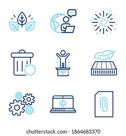 Line icons set. Included icon as Fireworks explosion, Recovery trash, Winner podium signs. Organic tested, Attachment, Cogwheel symbols. Medical help, Lightweight mattress line icons. Vector