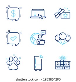 Line icons set. Included icon as Ice creams, Loyalty gift, Confirmed signs. Scroll down, Payment message, Refrigerator symbols. Hospital building, Pet friendly line icons. Line icons set. Vector