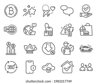 Line icons set. Included icon as Smartphone protection, Approved checkbox, Tea bag signs. Car, Espresso cream, Cloud computing symbols. Loan percent, Honeymoon travel, 360 degree. Bitcoin. Vector
