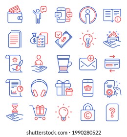 Line icons set. Included icon as Headphones, Surprise package, New mail signs. Creative painting, Idea, Shopping cart symbols. Unknown file, Certificate, Technical info. Time hourglass. Vector