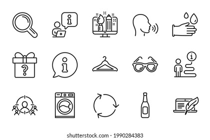 Line icons set. Included icon as Sunglasses, Creative design, Copyright laptop signs. Secret gift, Rubber gloves, Research symbols. Beer, Human sing, Cloakroom. Washing machine, Recycling. Vector