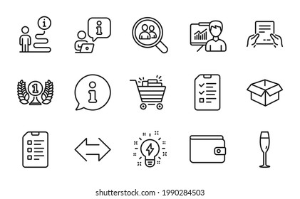 Line icons set. Included icon as Checklist, Presentation, Champagne glass signs. Interview, Opened box, Sync symbols. Search employees, Laureate award, Shopping cart. Receive file. Vector