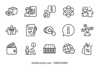 Line icons set. Included icon as Packing boxes, Time zone, Hold heart signs. Clean shirt, Mattress, Job interview symbols. Atom core, Debit card, Quick tips. Conversation messages. Vector