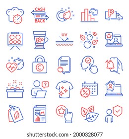 Line Icons Set. Included Icon As Work Home, Rate Button, Search File Signs. Security, Truck Parking, Bio Tags Symbols. Frappe, Alarm Clock, Online Rating. Present Box, Vision Board. Vector