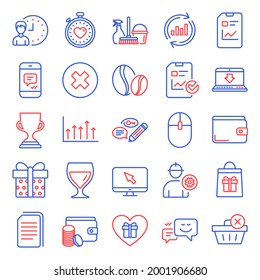 Line icons set. Included icon as Delete purchase, Award cup, Gift box signs. Coffee beans, Household service, Update data symbols. Holidays shopping, Money wallet, Keywords. Close button. Vector