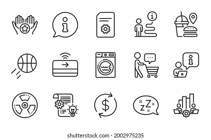 Line icons set. Included icon as Teamwork chart, Buyer think, Favorite signs. Sleep, Laundry, Fast food symbols. Usd exchange, Chemical hazard, Basketball. Cogwheel, File settings. Vector