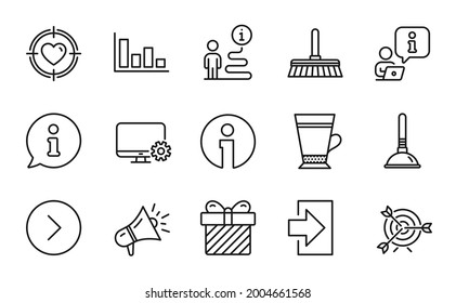 Line icons set. Included icon as Target, Info, Login signs. Plunger, Latte, Forward symbols. Megaphone, Surprise, Monitor settings. Valentine target, Cleaning mop, Histogram line icons. Vector