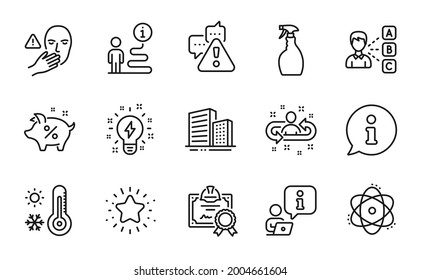 Line icons set. Included icon as Warning, Weather thermometer, Certificate signs. Buildings, Dont touch, Inspiration symbols. Spray, Opinion, Twinkle star. Atom, Recruitment, Loan percent. Vector