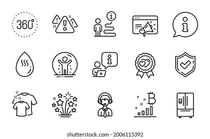 Line icons set. Included icon as Seo marketing, Fireworks stars, Hot water signs. 360 degrees, Warning, Bitcoin graph symbols. Love award, Recovered person, Refrigerator. Confirmed. Vector