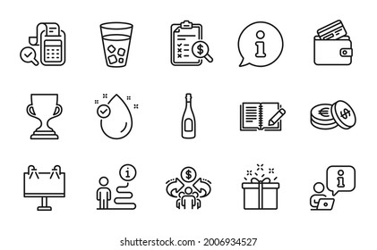 Line icons set. Included icon as Vitamin e, Special offer, Sharing economy signs. Award cup, Road banner, Savings symbols. Champagne, Accounting report, Debit card. Feedback, Ice tea. Vector
